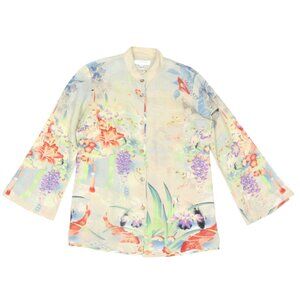 CITRON Santa Monica Koi Fish Butterfly Floral Blossom 100% Linen Top sz S /685